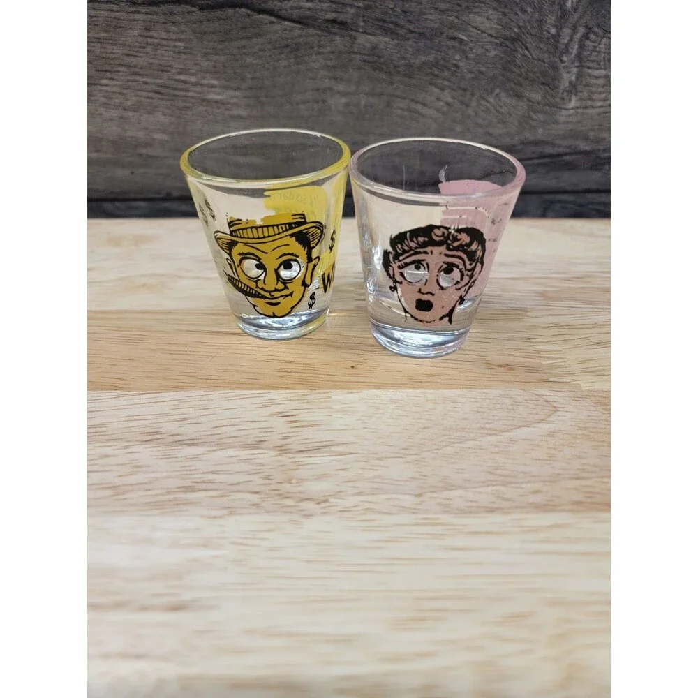 Set of 2 Vintage Googly Eye Man and Woman Shot Glasses